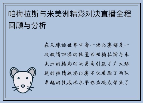 帕梅拉斯与米美洲精彩对决直播全程回顾与分析
